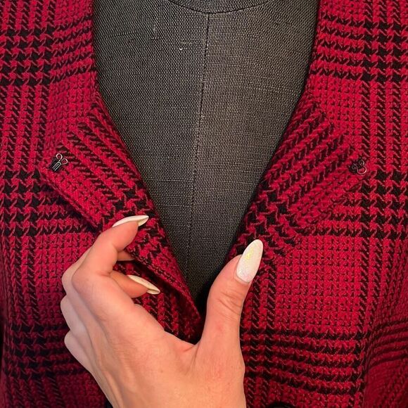 Talbots Women's Red Wool Plaid Square Neck Open Front Cropped Jacket Size 18 - Picture 4 of 12